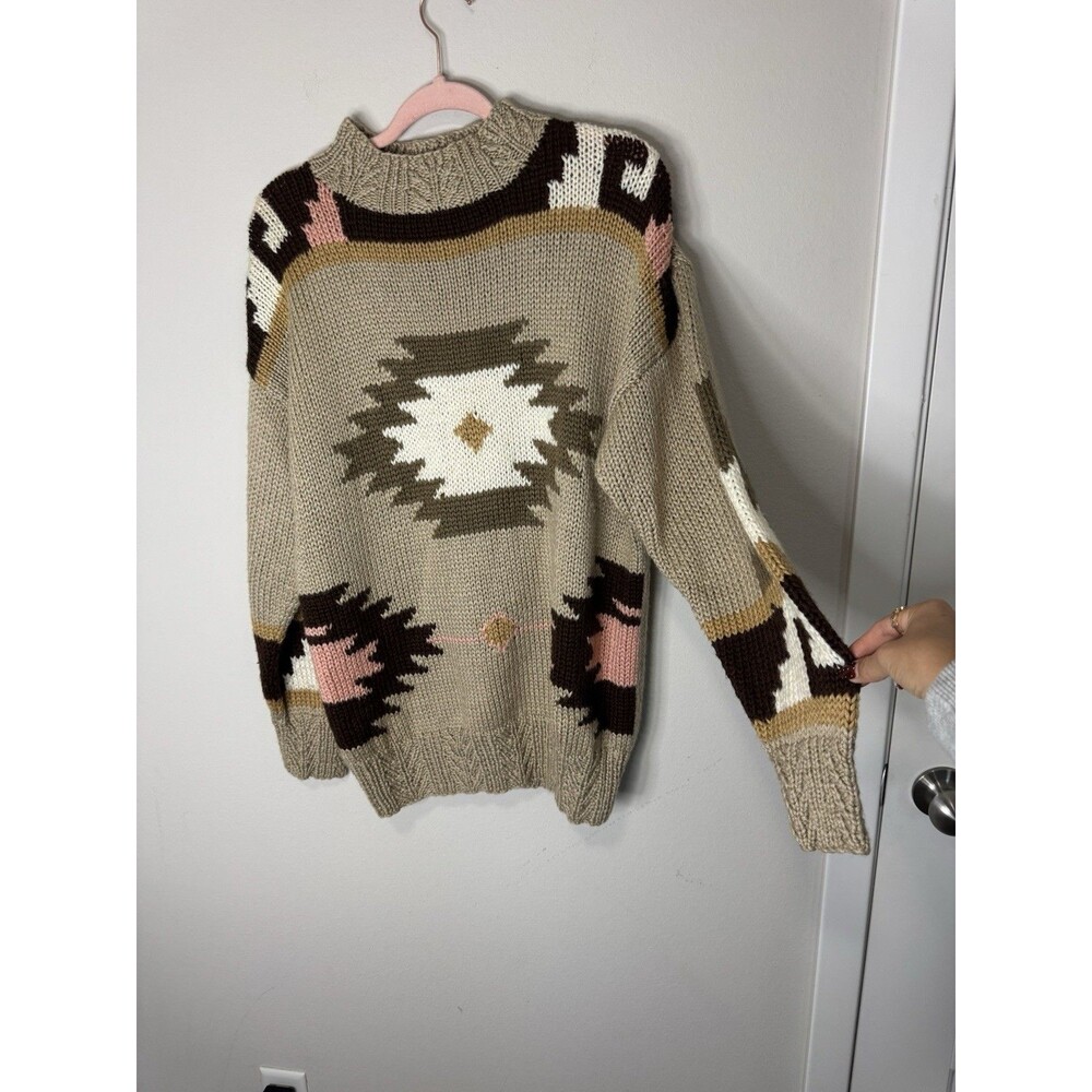 Outback Red Beige Aztec Geometric Chunky Knit Crew Neck Sweater Juniors L